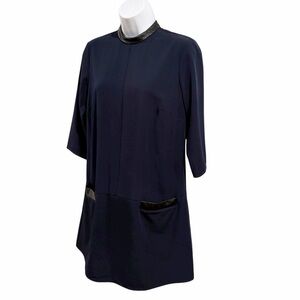 Amanda Uprichard Faux Leather Trim Navy Mini Shift Dress size Small